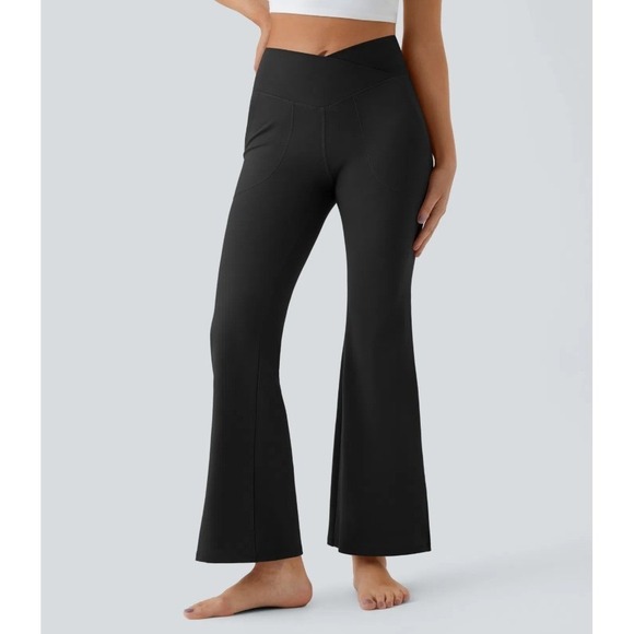 NEW Halara Ribbed Crossover Flare Split Hem Pockets Leggings M Gym Lounge - Picture 1 of 8